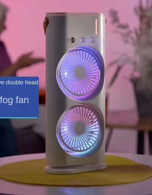 Load image into Gallery viewer, BreezeGlow™ 2-in-1 Dual Mist Cooling Fan – Chill, Hydrate &amp; Light Up Your Space
