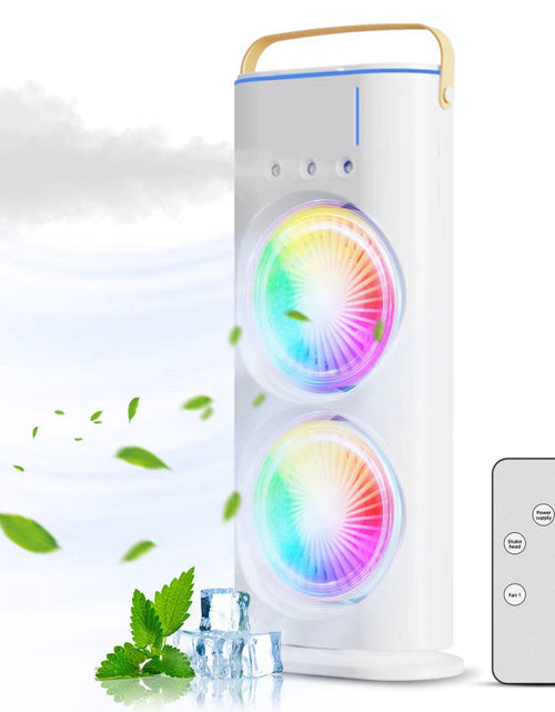 Load image into Gallery viewer, BreezeGlow™ 2-in-1 Dual Mist Cooling Fan – Chill, Hydrate &amp; Light Up Your Space

