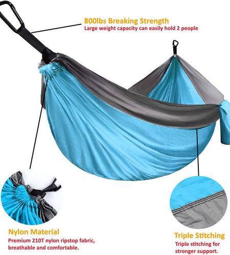 Camping Hammock - Portable Hammock Single Hammock Camping Accessories Gear for Outdoor Indoor Adult Kids, USA Based Brand (Light Blue & Grey)