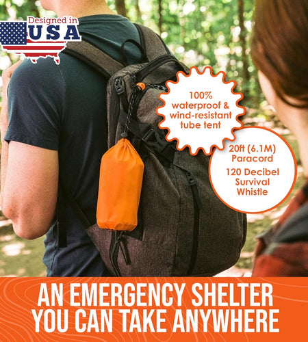 Survival Life Tent • 2 Person Mylar Emergency Shelter Tube Tent + Paracord • All-Weather Protection for Camping, Hiking, & Survival Kits • Includes Emergency Whistle