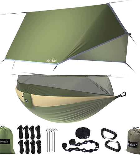 Camping Hammock, Portable Single & Double Hammock with Net, 2 Person Hammock Tent with 2 * 10Ft Straps, Best for Outdoor Hiking Survival Travel