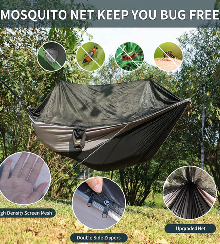 Camping Hammock with Net,Travel Portable Lightweight Hammocks with Tree Straps and Solid D-Shape Carabiners,Parachute Nylon Hammock for Outsides Backpacking Beach Backyard Patio Hiking