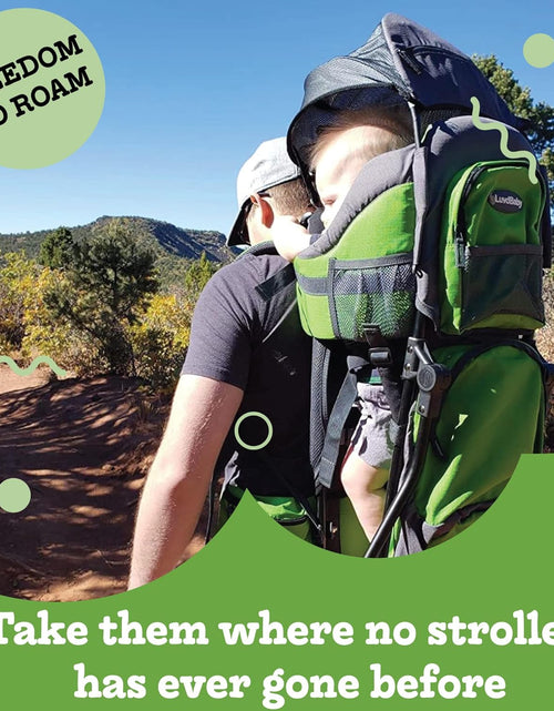 Load image into Gallery viewer, Hiking Baby Carrier Backpack - Comfortable Toddler/Baby Backpack Carrier System with Diaper Change Pad, Insulated Pocket + Rain and Sun Hood to Protect Your Child
