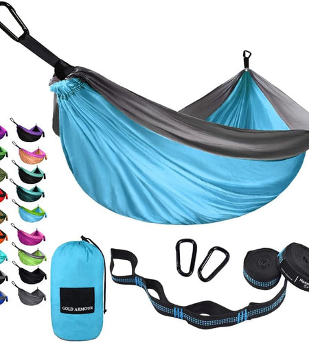 Camping Hammock - Portable Hammock Single Hammock Camping Accessories Gear for Outdoor Indoor Adult Kids, USA Based Brand (Light Blue & Grey)