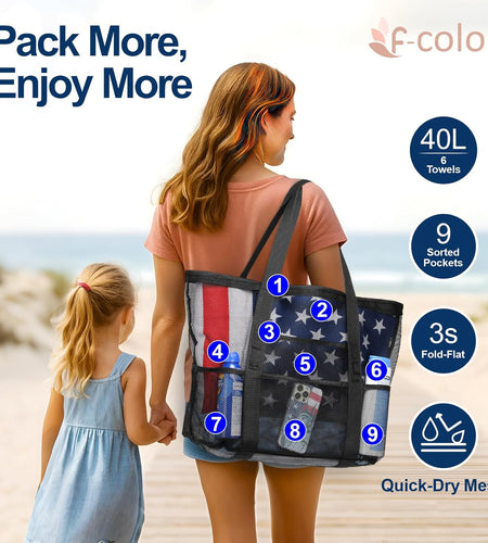 Mesh Beach Bag Family - Large Tote Bag for Cruise Pool Toys Beach Vacation Essentials