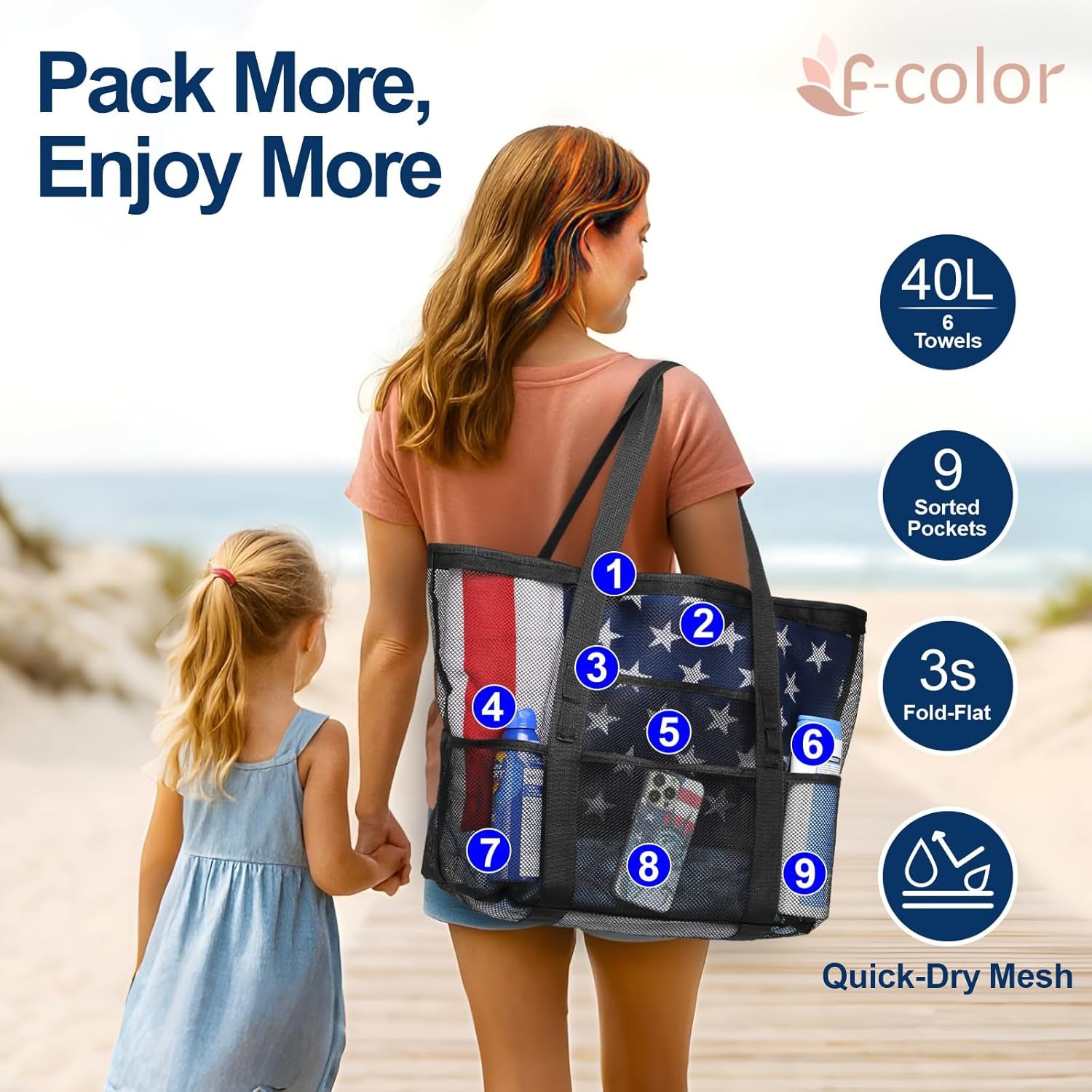 Mesh Beach Bag Family - Large Tote Bag for Cruise Pool Toys Beach Vacation Essentials